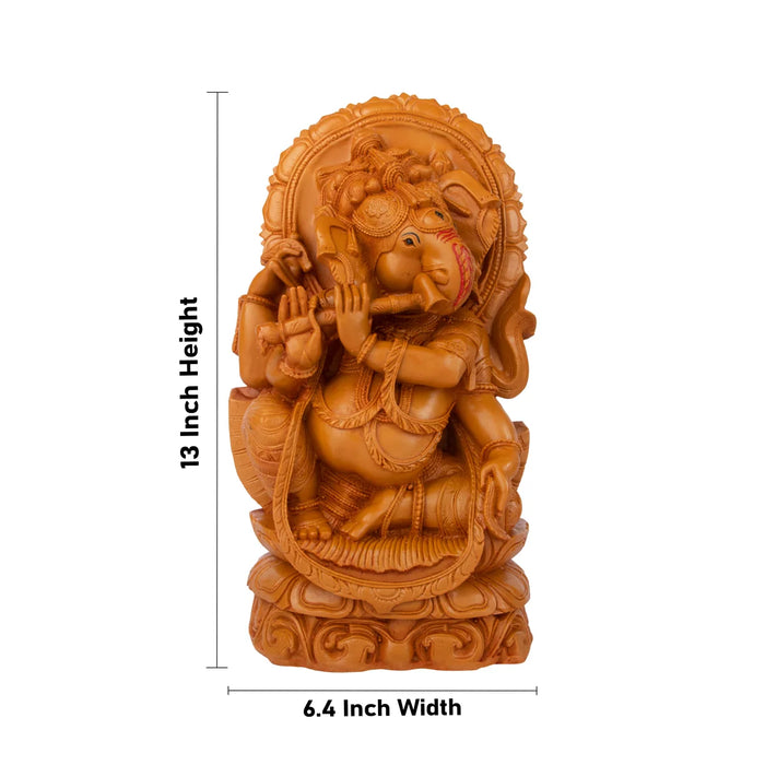 Ganesh Statue - 13 x 6.4 Inches | Wooden Polish Lord Ganesha Playing Flute Idol / Ganesh Idol for Pooja