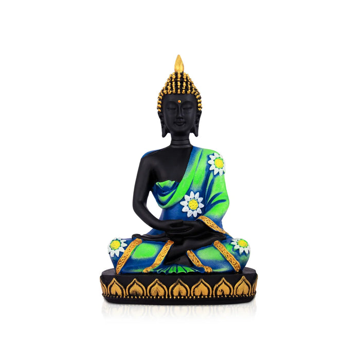 Buddha Statue - 10 x 6.5 Inches | Marble Dust Murti/ Black Buddha Murti/ Buddha Sitting Figurine for Pooja
