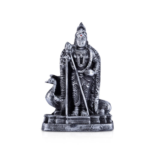Murugan Statue With Peacock - 4 x 2.5 Inches | Resin Murugan Murti/Antique Silver Polish Murugan Silai for Home - Fibre Murties