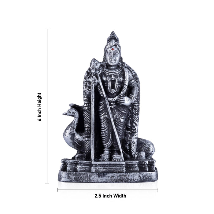 Murugan Statue With Peacock - 4 x 2.5 Inches | Resin Murugan Murti/Antique Silver Polish Murugan Silai for Home - Fibre Murties