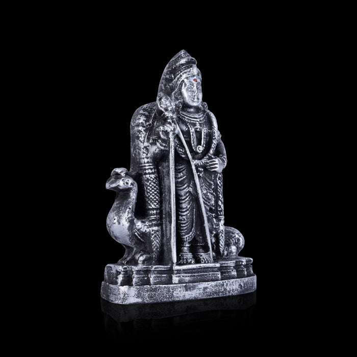 Murugan Statue With Peacock - 4 x 2.5 Inches | Resin Murugan Murti/Antique Silver Polish Murugan Silai for Home - Fibre Murties