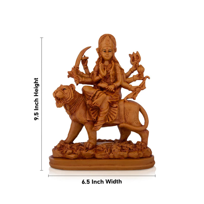 Durga Devi - 9.5 x 6.5 Inches | Durga Statue Sitting On Tiger/ Resin Statue/ Wooden Finish Durga Murti for Pooja