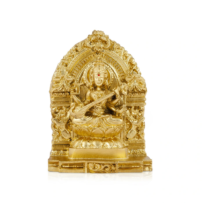 Saraswati Murti Sitting On Lotus - 4.5 x 3.25 Inches | Resin Statue/ Gold Polish Saraswathy Idol for Pooja - Fibre Murties