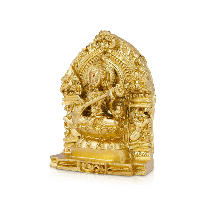 Saraswati Murti Sitting On Lotus - 4.5 x 3.25 Inches | Resin Statue/ Gold Polish Saraswathy Idol for Pooja - Fibre Murties