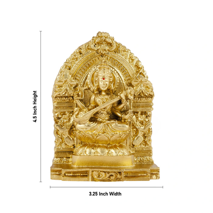 Saraswati Murti Sitting On Lotus - 4.5 x 3.25 Inches | Resin Statue/ Gold Polish Saraswathy Idol for Pooja - Fibre Murties