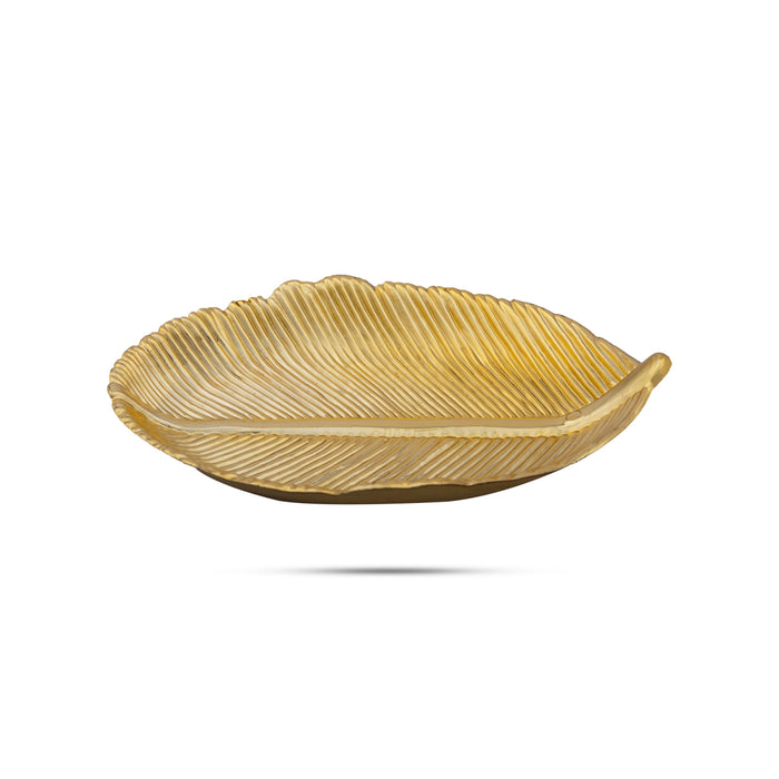 Fancy Plate Set - 3.5 x 4.5 Inches | 5 Pcs/ Leaf Design Puja Thali Plate/ Gold Polish Serving Plate for Home - Pooja Plate & Tray