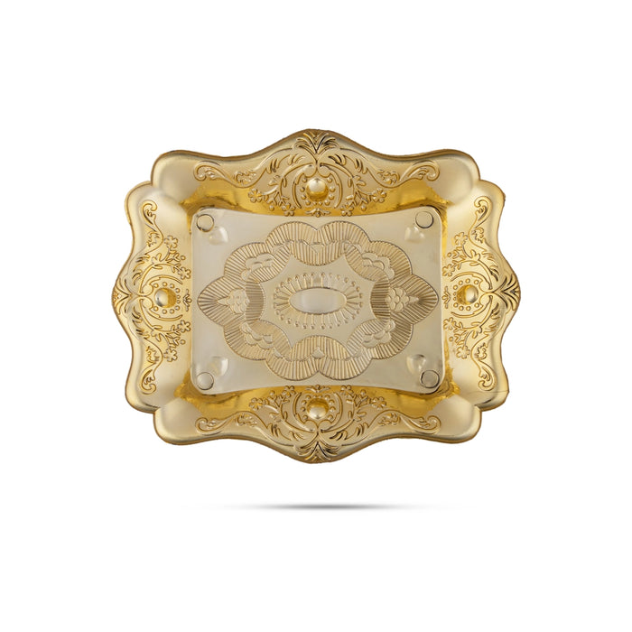 Fancy Plate Set - 3.5 x 4.5 Inches | 5 Pcs/ Rectangle Shape Puja Thali Plate/ Gold Polish Serving Plate for Home - Pooja Plate & Tray
