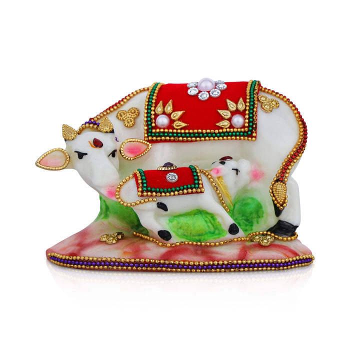 Kamdhenu Cow With Calf Idol With Base - 3 x 4.25 Inches | Resin Statue/ Decorated Cow And Calf Statue for Home - Table Stand Accessories