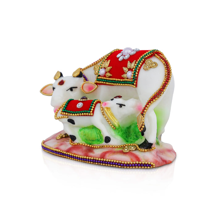 Kamdhenu Cow With Calf Idol With Base - 3 x 4.25 Inches | Resin Statue/ Decorated Cow And Calf Statue for Home - Table Stand Accessories