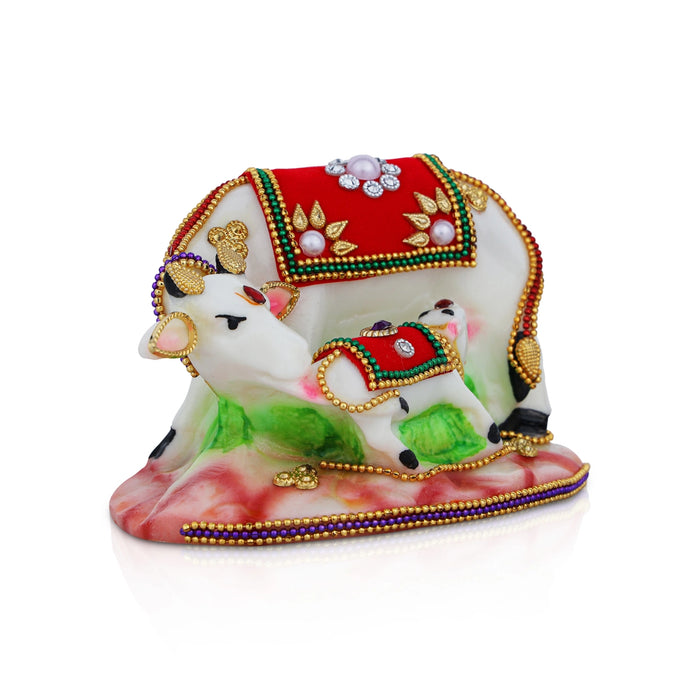 Kamdhenu Cow With Calf Idol With Base - 3 x 4.25 Inches | Resin Statue/ Decorated Cow And Calf Statue for Home - Table Stand Accessories