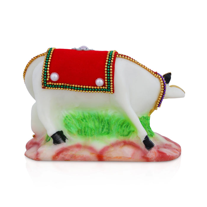 Kamdhenu Cow With Calf Idol With Base - 3 x 4.25 Inches | Resin Statue/ Decorated Cow And Calf Statue for Home - Table Stand Accessories