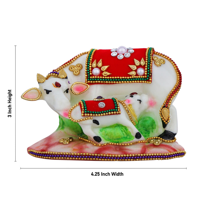 Kamdhenu Cow With Calf Idol With Base - 3 x 4.25 Inches | Resin Statue/ Decorated Cow And Calf Statue for Home - Table Stand Accessories