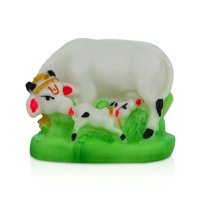 Kamdhenu Cow With Calf Idol With Base - 2 x 2.5 Inches | Resin Statue/ Cow And Calf Statue for Home Decor - Table Stand Accessories