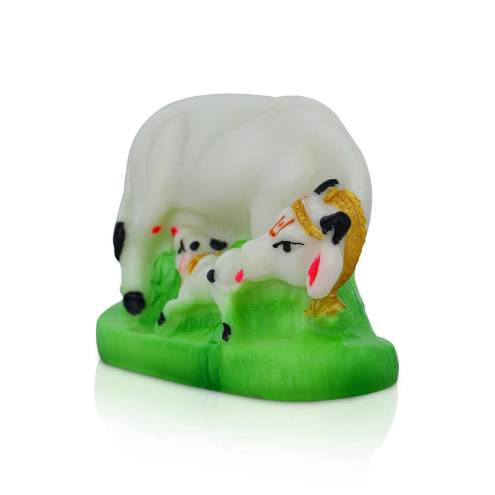 Kamdhenu Cow With Calf Idol With Base - 2 x 2.5 Inches | Resin Statue/ Cow And Calf Statue for Home Decor - Table Stand Accessories