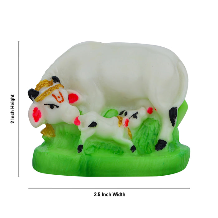 Kamdhenu Cow With Calf Idol With Base - 2 x 2.5 Inches | Resin Statue/ Cow And Calf Statue for Home Decor - Table Stand Accessories