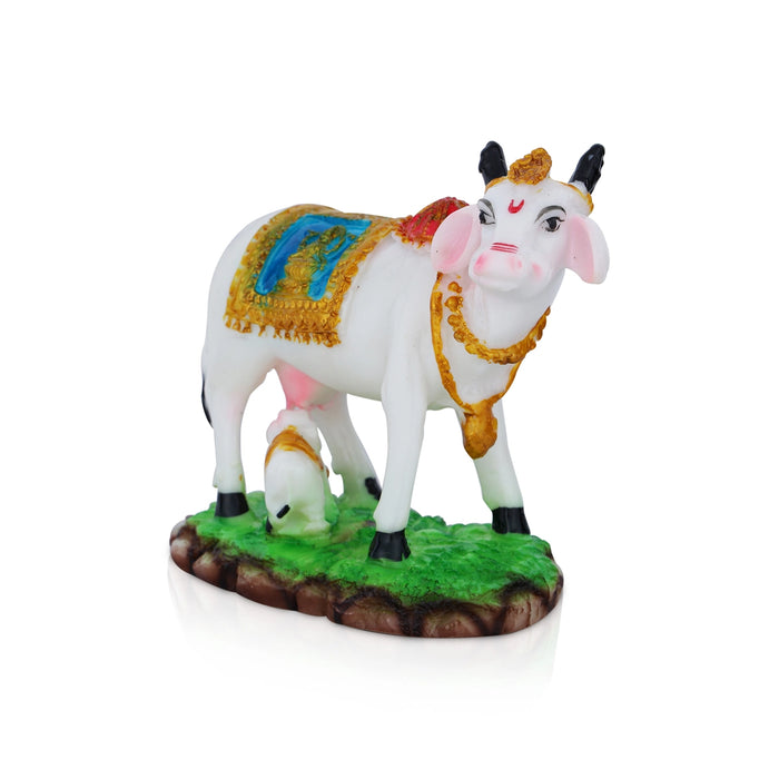 Kamdhenu Cow With Calf Idol With Base - 5 x 5.5 Inches | Resin Statue/ Cow And Calf Statue for Home Decor - Table Stand Accessories