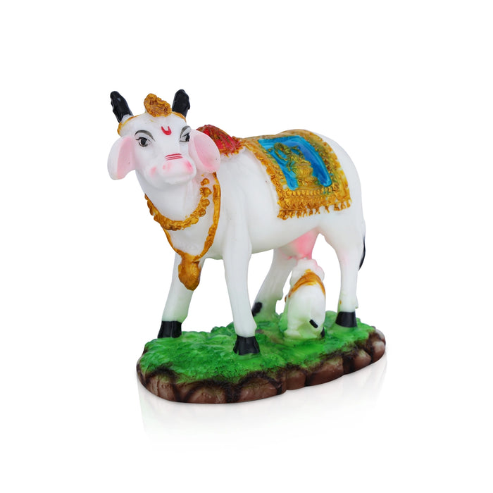 Kamdhenu Cow With Calf Idol With Base - 5 x 5.5 Inches | Resin Statue/ Cow And Calf Statue for Home Decor - Table Stand Accessories