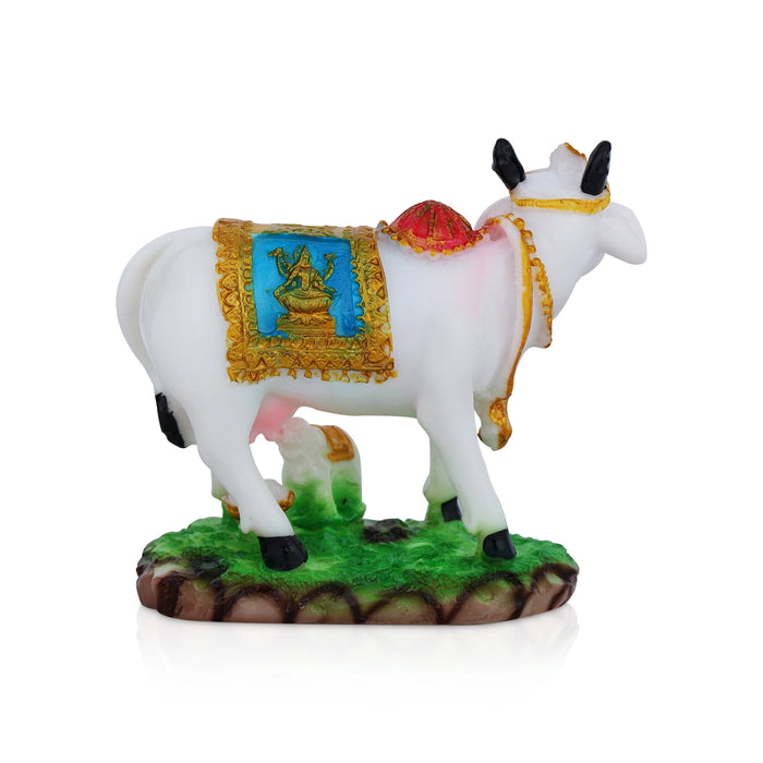 Kamdhenu Cow With Calf Idol With Base - 5 x 5.5 Inches | Resin Statue/ Cow And Calf Statue for Home Decor - Table Stand Accessories