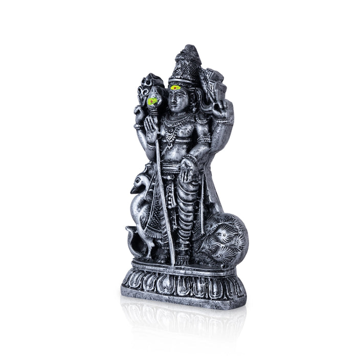 Murugan Statue With Peacock- 7.5 x 4 Inches | Resin Murugan Murti/Antique Silver Polish Murugan Silai for Home - Fibre Murties