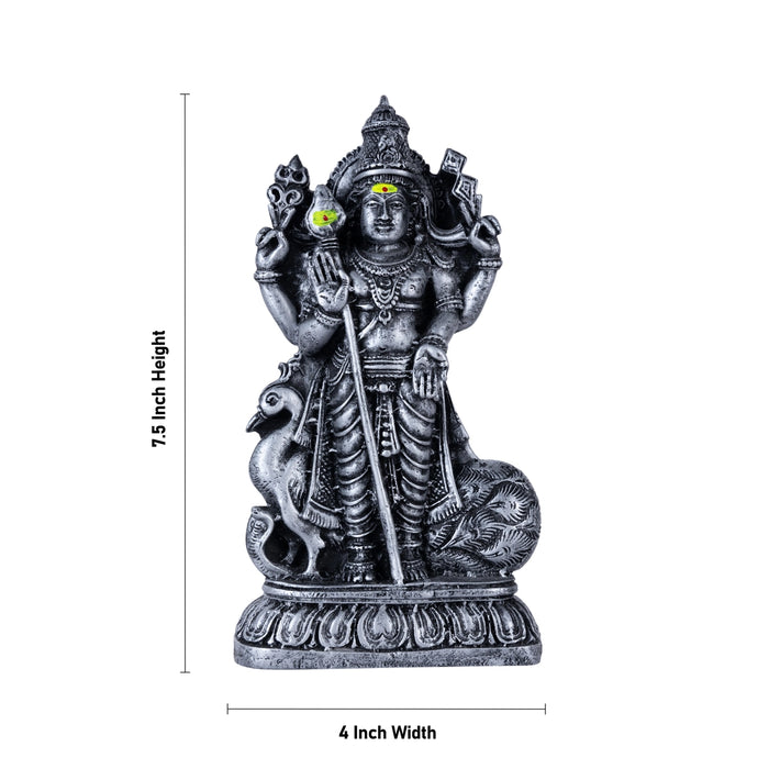 Murugan Statue With Peacock- 7.5 x 4 Inches | Resin Murugan Murti/Antique Silver Polish Murugan Silai for Home - Fibre Murties
