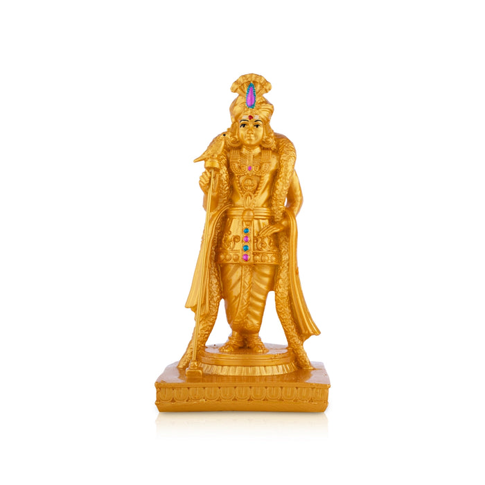 Raja Alankara Murugan Statue Standing On Base - 7 x 3.5 Inches | Resin & Gold Polish Kartikeya Statue for Pooja - Fibre Murties