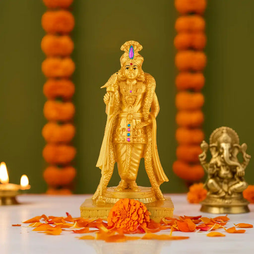 Raja Alankara Murugan Statue Standing On Base - 7 x 3.5 Inches | Resin & Gold Polish Kartikeya Statue for Pooja - Fibre Murties