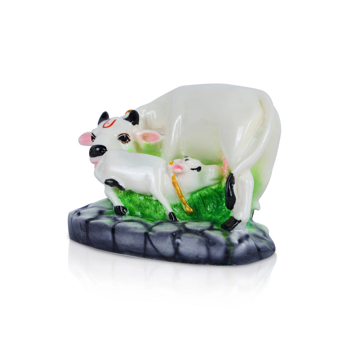 Cow With Calf Idol Witn Base - 3.5 x 4.5 Inches | Resin Statue/ Kamdhenu Cow With Calf Statue for Home Decor - Table Stand Accessories