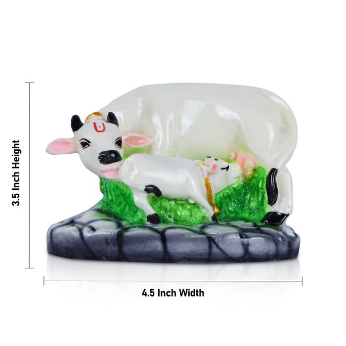 Cow With Calf Idol Witn Base - 3.5 x 4.5 Inches | Resin Statue/ Kamdhenu Cow With Calf Statue for Home Decor - Table Stand Accessories