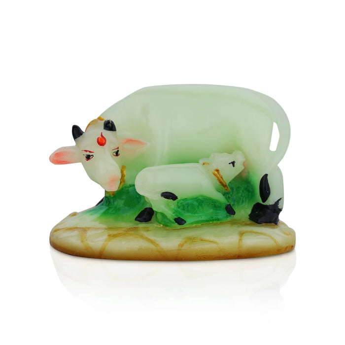 Cow With Calf Idol Witn Base - 3.5 x 4.75 Inches | Resin Statue/ Radium Kamdhenu Cow With Calf Statue for Home - Table Stand Accessories