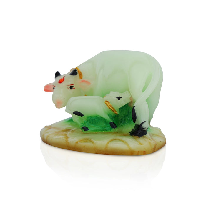 Cow With Calf Idol Witn Base - 3.5 x 4.75 Inches | Resin Statue/ Radium Kamdhenu Cow With Calf Statue for Home - Table Stand Accessories