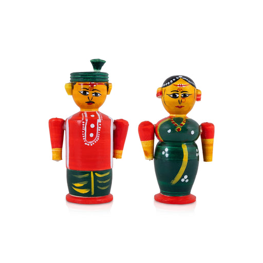 Bride and Groom Doll - 4.25 x 2.5 Inches | Kondapalli Wooden Idol / Elegant Statue for Wedding & Gifting - Kondapalli & Wooden Dolls
