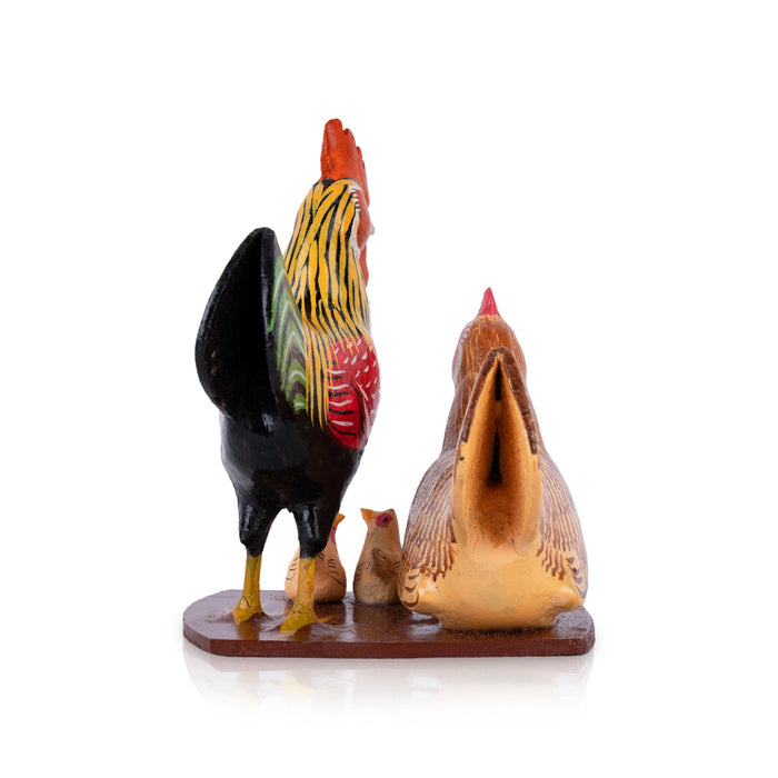 Hen And Cock Family Kondapalli Toy - 6 x 4 Inches | Wooden Statue/ Handmade Showpiece for Home Decor - Kondapalli Wooden Toys