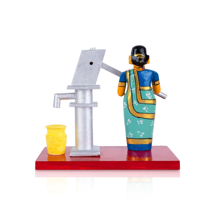 Lady With Hand Pump Kondapalli Toy - 6 x 7 Inches | Wooden Statue/ Handmade Showpiece for Home Decor - Kondapalli Wooden Toys