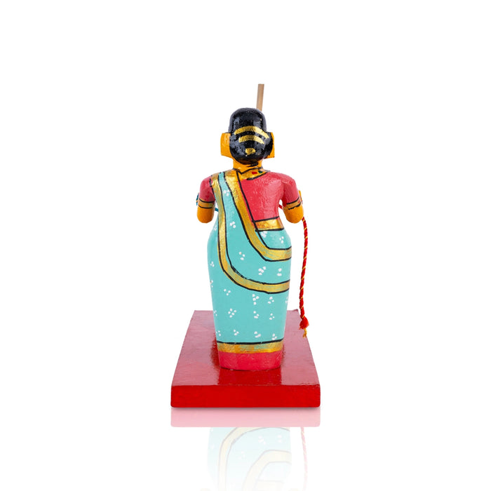 Lady Making Butter Kondapalli Toy - 6.5 x 7 Inches | Wooden Statue/ Handmade Showpiece for Home Decor - Kondapalli Wooden Toys