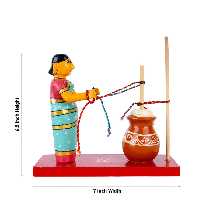 Lady Making Butter Kondapalli Toy - 6.5 x 7 Inches | Wooden Statue/ Handmade Showpiece for Home Decor - Kondapalli Wooden Toys