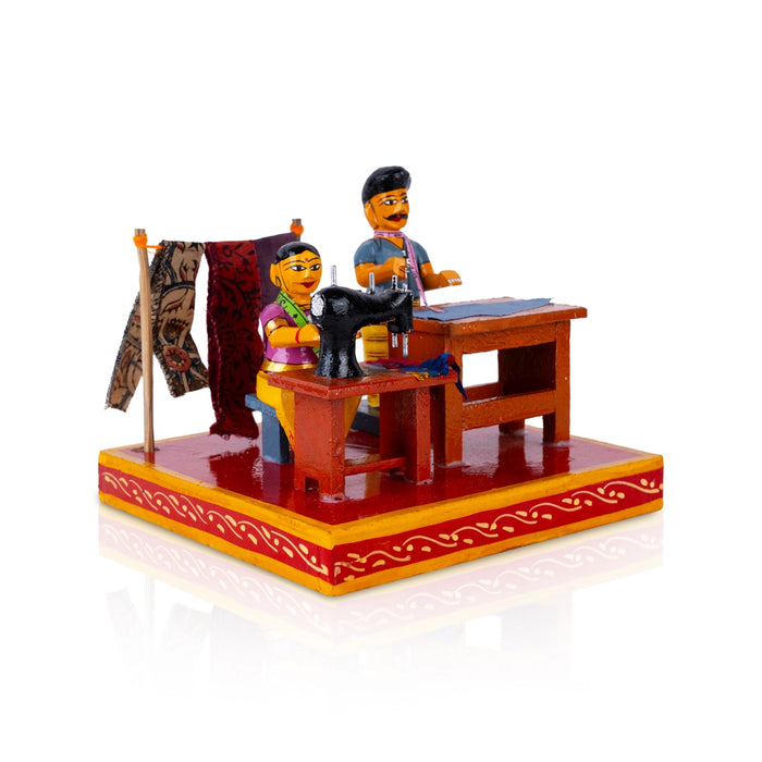 Tailor Shop Kondapalli Toy - 5.75 x 7.25 Inches | Wooden Statue/ Handmade Showpiece for Home Decor - Kondapalli Wooden Toys