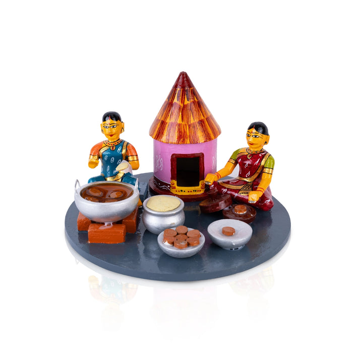 Lady Making Athirasam Kondapalli Toy - 6 x 9 Inches | Wooden Statue/ Handmade Showpiece for Home Decor - Kondapalli Wooden Toys