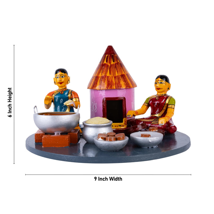 Lady Making Athirasam Kondapalli Toy - 6 x 9 Inches | Wooden Statue/ Handmade Showpiece for Home Decor - Kondapalli Wooden Toys