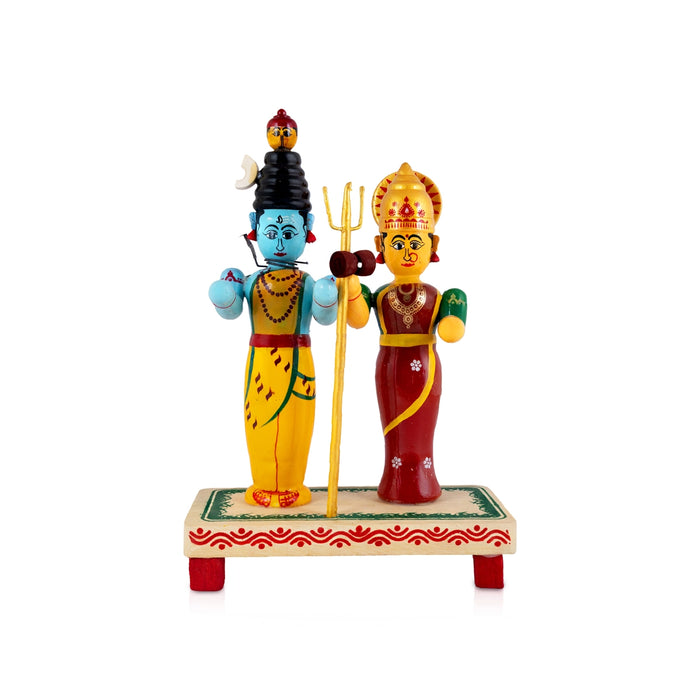 Shivan Parvathi Murti - 9.5 x 7 Inches | Kondapalli Wooden Statue / Shiv Pariwar Statue for Home decor