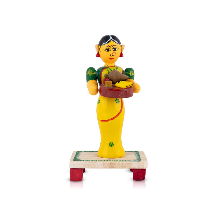 Lady with Thamboolam Kondapalli Bommai - 7.5 x 4 Inches | Wooden Statue/ Decorative Doll for Home Decor & Gifting