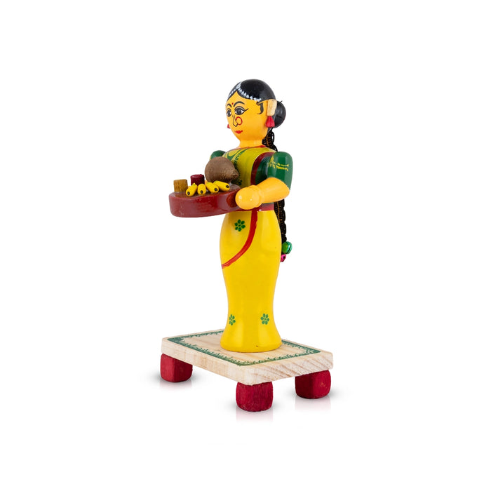 Lady with Thamboolam Kondapalli Bommai - 7.5 x 4 Inches | Wooden Statue/ Decorative Doll for Home Decor & Gifting