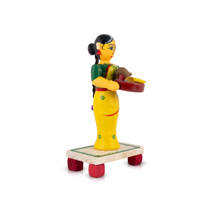 Lady with Thamboolam Kondapalli Bommai - 7.5 x 4 Inches | Wooden Statue/ Decorative Doll for Home Decor & Gifting