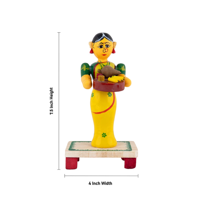 Lady with Thamboolam Kondapalli Bommai - 7.5 x 4 Inches | Wooden Statue/ Decorative Doll for Home Decor & Gifting