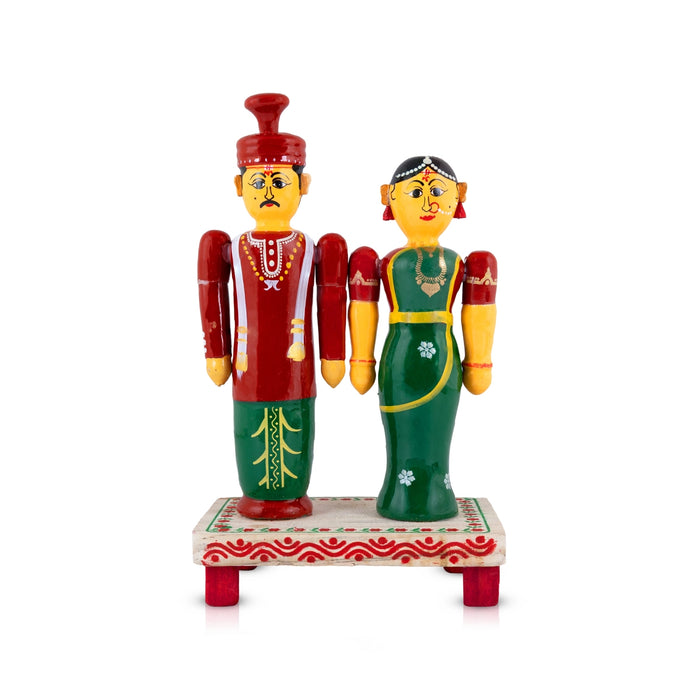 Bride and Groom Statue - 8.5 x 5.5 Inches | Kondapalli Wooden Doll / Wedding Couple Idol for Home Decor