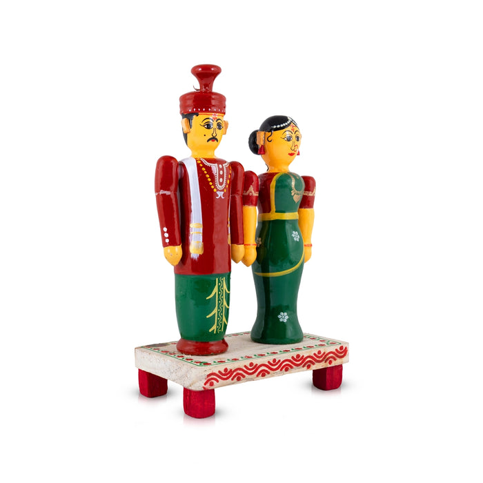 Bride and Groom Statue - 8.5 x 5.5 Inches | Kondapalli Wooden Doll / Wedding Couple Idol for Home Decor