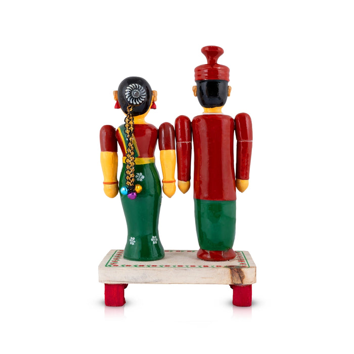Bride and Groom Statue - 8.5 x 5.5 Inches | Kondapalli Wooden Doll / Wedding Couple Idol for Home Decor