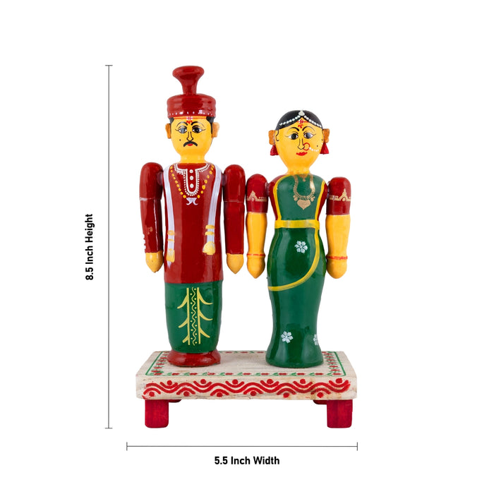 Bride and Groom Statue - 8.5 x 5.5 Inches | Kondapalli Wooden Doll / Wedding Couple Idol for Home Decor