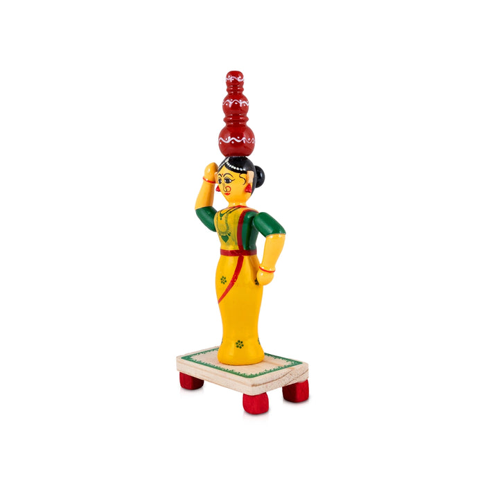 Pot Lady with Base Kondapalli Bommalu - 10 x 4 Inches | Wooden Golu Doll/Kolu Bommai For Navaratri Golu Display