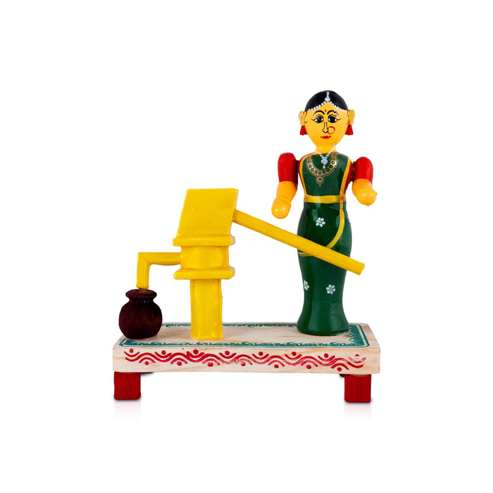 Kondapalli Bommalu - 8 x 6.5 Inches | Wooden Village Woman with Traditional Water Well Scene for Golu Display