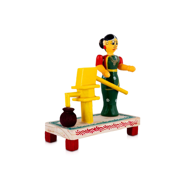 Kondapalli Bommalu - 8 x 6.5 Inches | Wooden Village Woman with Traditional Water Well Scene for Golu Display